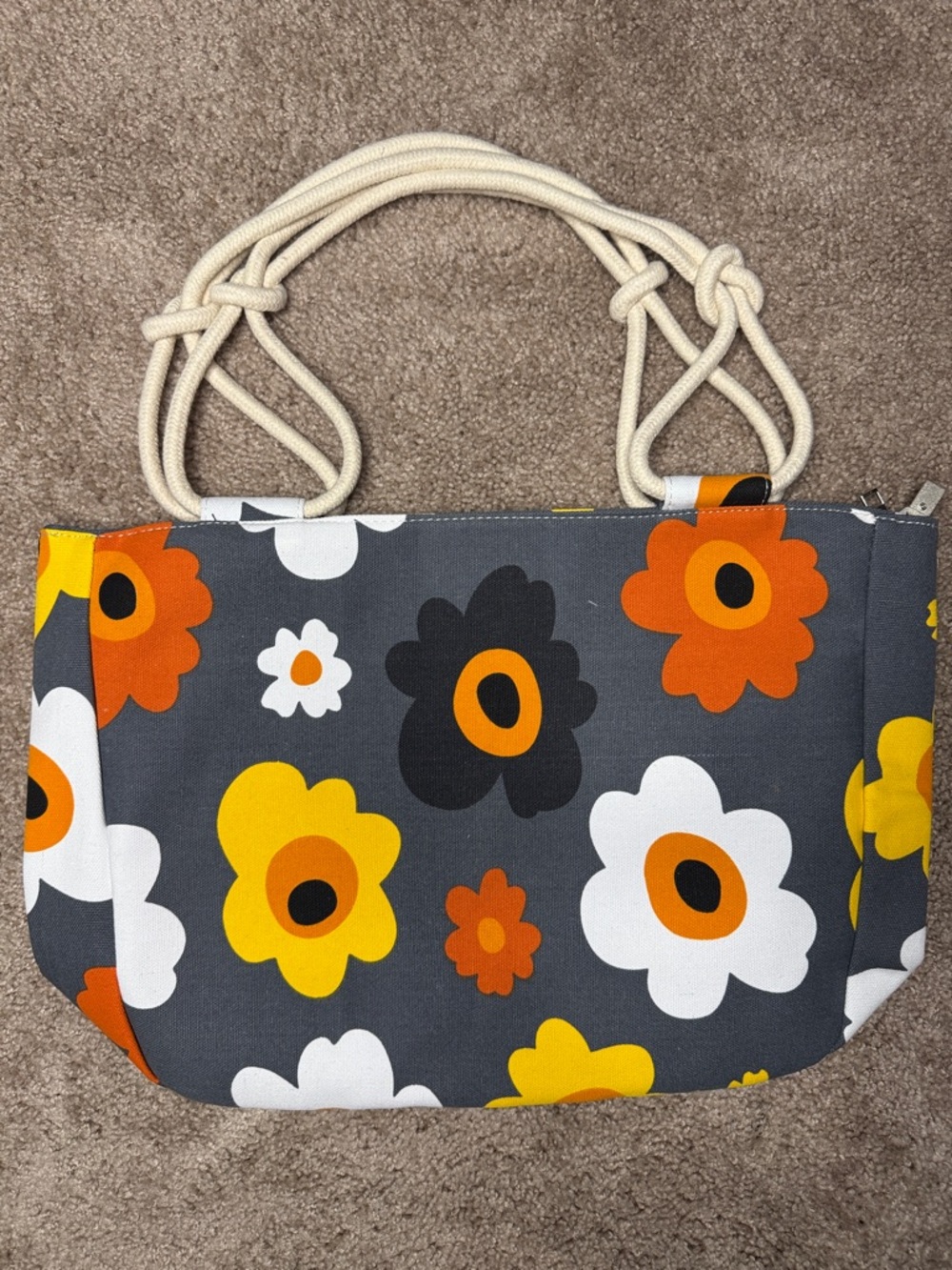 Floral Canvas Tote Bag with Cream Rope Handles - Gray/Orange/Yellow